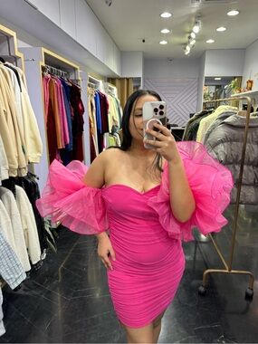 Off-Shoulder Hot Pink Ruffle Sleeve Bodycon Dress